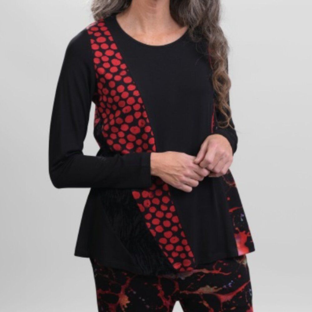 Alembika Galaxy Top Small Jersey Black Red Graffiti Dots Lagenlook Asymmetrical